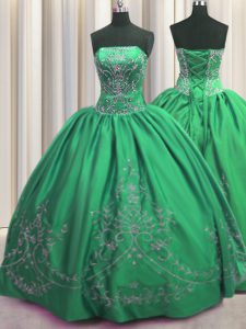 Sexy Embroidery Strapless Sleeveless Lace Up 15 Quinceanera Dress Green Taffeta