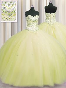 Discount Bling-bling Puffy Skirt Light Yellow Sweetheart Neckline Beading Quinceanera Gowns Sleeveless Lace Up