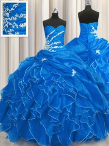 Glorious Blue Ball Gowns Sweetheart Sleeveless Organza Floor Length Lace Up Beading and Appliques and Ruffles Quinceanera Gown