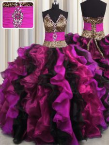 High Quality Leopard V Neck Floor Length Ball Gowns Sleeveless Multi-color 15th Birthday Dress Lace Up