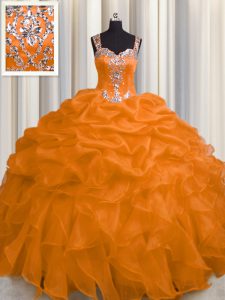 See Through Zipper Up Floor Length Orange Sweet 16 Dress Organza Sleeveless Appliques and Ruffles