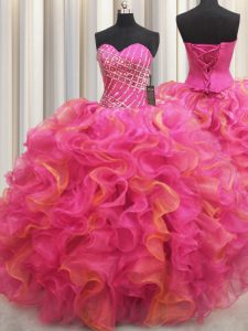 Romantic Organza Sweetheart Sleeveless Lace Up Beading and Ruffles Sweet 16 Quinceanera Dress in Hot Pink