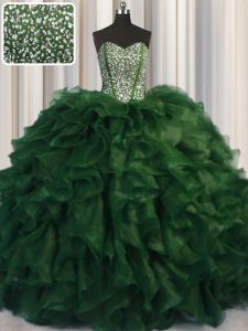 Inexpensive Visible Boning Bling-bling Sleeveless Organza With Brush Train Lace Up Sweet 16 Quinceanera Dress in Green with Beading