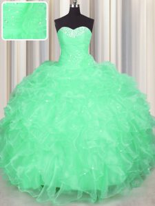 Sleeveless Organza Floor Length Lace Up 15th Birthday Dress in Apple Green with Beading and Ruffles