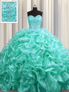 Extravagant Pick Ups With Train Aqua Blue Quinceanera Gown Sweetheart Sleeveless Court Train Lace Up