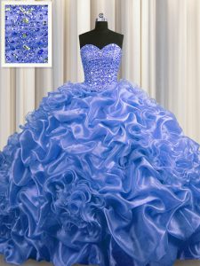 Sweetheart Sleeveless Vestidos de Quinceanera With Train Court Train Beading and Pick Ups Blue Organza