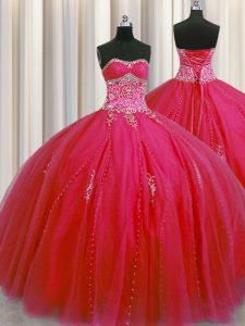 Lovely Big Puffy Red Sleeveless Tulle Lace Up Ball Gown Prom Dress for Military Ball and Sweet 16 and Quinceanera