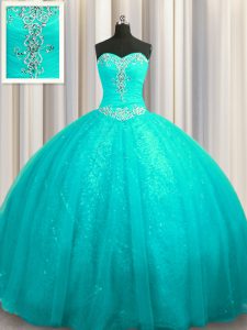 Clearance Sequined Aqua Blue Lace Up Vestidos de Quinceanera Beading and Appliques Sleeveless Court Train