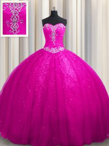 Fuchsia Ball Gowns Sweetheart Sleeveless Tulle and Sequined With Train Court Train Lace Up Beading and Appliques Quinceanera Dress