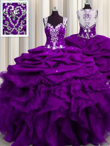 Beautiful See Through Back Purple Organza Zipper Quinceanera Dress Sleeveless Floor Length Beading and Ruffles and Sequins and Pick Ups