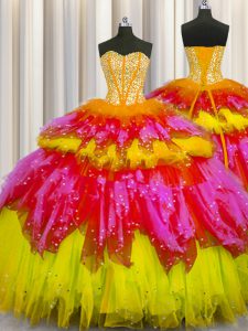 Bling-bling Visible Boning Multi-color Quince Ball Gowns Military Ball and Sweet 16 and Quinceanera with Beading and Ruffles and Ruffled Layers and Sequins Sweetheart Sleeveless Lace Up