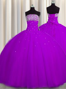 Really Puffy Floor Length Purple Quinceanera Dress Tulle Sleeveless Beading and Sequins
