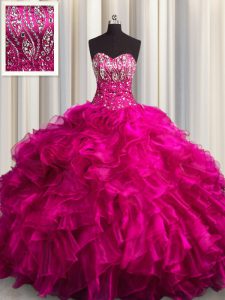 Sleeveless Beading and Ruffles Lace Up Sweet 16 Dresses with Fuchsia Brush Train