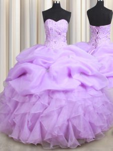 Most Popular Pick Ups Visible Boning Ball Gowns Quince Ball Gowns Lilac Sweetheart Organza Sleeveless Floor Length Lace Up