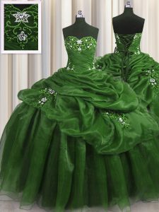 Sleeveless Organza Floor Length Lace Up Vestidos de Quinceanera in Green with Beading and Appliques and Pick Ups