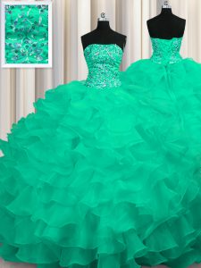 Lace Up Quinceanera Gown Turquoise for Military Ball and Sweet 16 and Quinceanera with Beading and Ruffles Sweep Train
