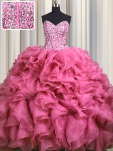 Fantastic Visible Boning Bling-bling Sweetheart Sleeveless Brush Train Lace Up Quinceanera Gown Rose Pink Organza