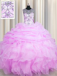 See Through Lilac Lace Up Scoop Beading and Ruffles and Pick Ups Sweet 16 Quinceanera Dress Organza Sleeveless