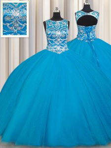 Teal Ball Gowns Scoop Sleeveless Tulle Floor Length Lace Up Beading 15 Quinceanera Dress
