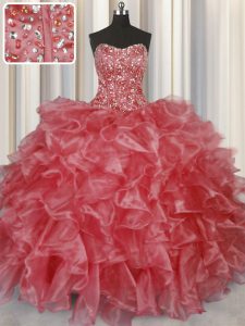 Simple Visible Boning Sleeveless Lace Up Floor Length Beading and Ruffles 15 Quinceanera Dress