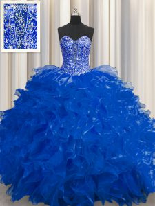 Modern See Through Sleeveless Organza Floor Length Lace Up 15 Quinceanera Dress in Royal Blue with Beading and Ruffles