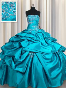 Glorious Teal Lace Up Sweet 16 Dress Appliques and Pick Ups Sleeveless Floor Length