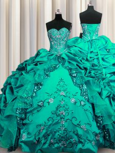 Sequins Sleeveless Floor Length Beading and Embroidery and Ruffles and Pick Ups Lace Up Quinceanera Dresses with Dark Green