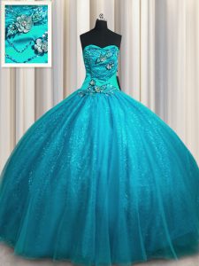 Sexy Teal Ball Gowns Beading and Appliques Quince Ball Gowns Lace Up Tulle and Sequined Sleeveless Floor Length