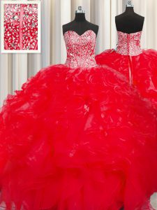 Graceful Visible Boning Beaded Bodice Red Sleeveless Organza Lace Up Quinceanera Gown for Military Ball and Sweet 16 and Quinceanera