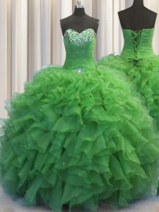 Custom Design Beaded Bust Ball Gowns Sweet 16 Dresses Green Sweetheart Organza Sleeveless Floor Length Lace Up