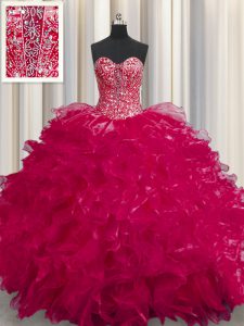 See Through Coral Red 15th Birthday Dress Military Ball and Sweet 16 and Quinceanera with Beading and Ruffles Sweetheart Sleeveless Lace Up
