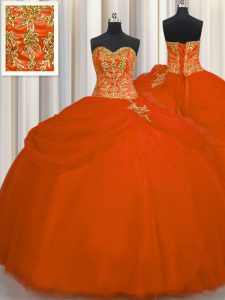 Tulle Sweetheart Sleeveless Lace Up Beading Quinceanera Gowns in Orange Red