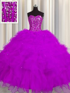 Modest Visible Boning Ball Gowns Quinceanera Dress Fuchsia Sweetheart Tulle Sleeveless Floor Length Lace Up