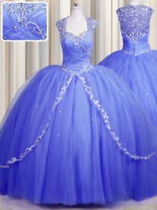 Modest Zipper Up With Train Blue Vestidos de Quinceanera Tulle Brush Train Cap Sleeves Beading and Appliques