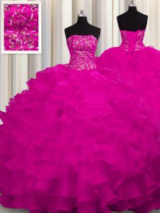 With Train Lace Up Sweet 16 Quinceanera Dress Fuchsia for Military Ball and Sweet 16 and Quinceanera with Beading and Ruffles Sweep Train