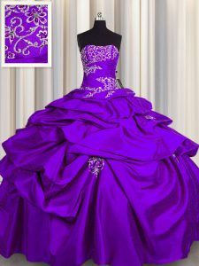 Pick Ups Strapless Sleeveless Lace Up Quinceanera Gown Purple Taffeta