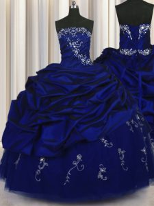 Sumptuous Floor Length Royal Blue Sweet 16 Quinceanera Dress Taffeta Sleeveless Beading and Embroidery and Pick Ups