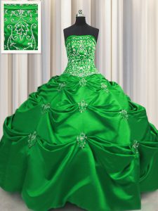 Fitting Green Taffeta Lace Up Quinceanera Gowns Sleeveless Floor Length Beading and Appliques and Embroidery