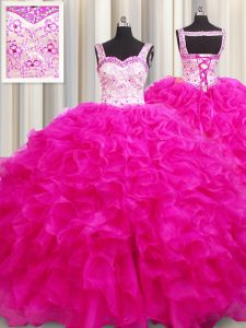 Great Floor Length Lace Up Quinceanera Gowns Fuchsia for Military Ball and Sweet 16 and Quinceanera with Beading and Ruffles