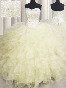 Super Floor Length Ball Gowns Sleeveless Light Yellow Ball Gown Prom Dress Lace Up