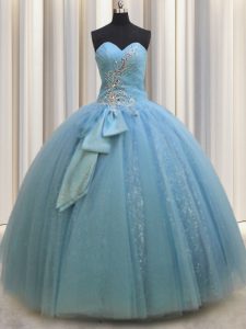 Baby Blue Ball Gowns Tulle Sweetheart Sleeveless Beading and Sequins and Bowknot Floor Length Lace Up Sweet 16 Quinceanera Dress