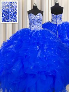 Latest Visible Boning Beaded Bodice Floor Length Lace Up 15 Quinceanera Dress Royal Blue for Military Ball and Sweet 16 and Quinceanera with Beading and Ruffles