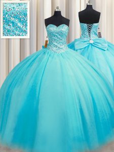 Free and Easy Puffy Skirt Baby Blue Lace Up Sweet 16 Dresses Beading Sleeveless Floor Length