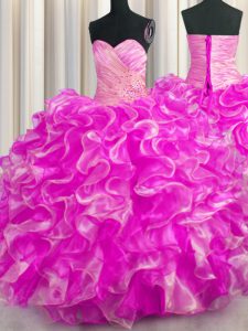 Exceptional Floor Length Lace Up Quinceanera Dresses Rose Pink for Military Ball and Sweet 16 and Quinceanera with Beading and Ruffles