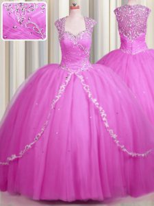 Hot Selling See Through Sweetheart Cap Sleeves Tulle Sweet 16 Quinceanera Dress Beading and Appliques Brush Train Zipper
