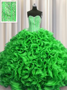 Hot Selling Visible Boning Sleeveless Floor Length Beading and Ruffles Lace Up Quinceanera Dresses with Green