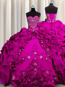 Gorgeous Sequins Fuchsia Ball Gowns Taffeta Sweetheart Sleeveless Beading and Embroidery and Ruffles Floor Length Lace Up Sweet 16 Dresses