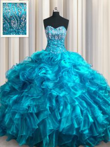 Lovely Sleeveless With Train Beading and Ruffles Lace Up 15 Quinceanera Dress with Teal Brush Train