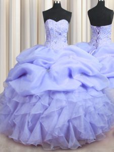 Visible Boning Lavender Sleeveless Organza Lace Up Quinceanera Gowns for Military Ball and Sweet 16 and Quinceanera