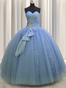 Graceful Light Blue Ball Gowns Beading and Sequins and Bowknot Sweet 16 Dresses Lace Up Tulle Sleeveless Floor Length